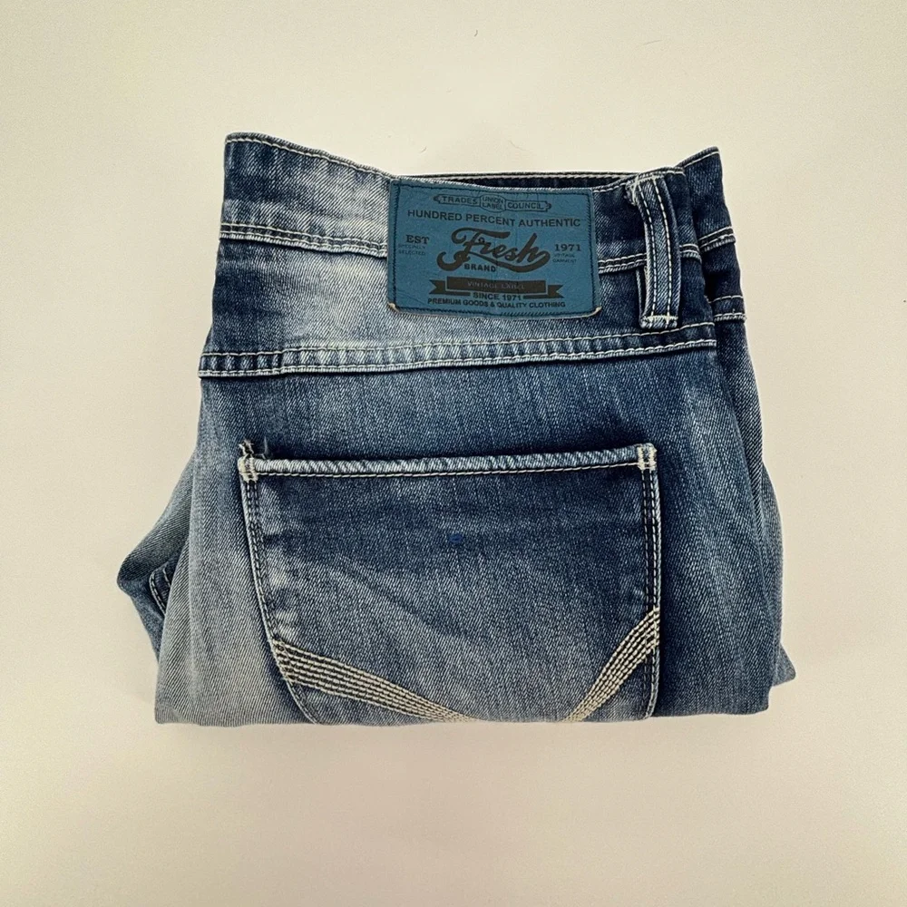 The Fresh Brand JEFF Jeans Mens 34x32 Distressed Straight Blue‎ Denim Camo Lined